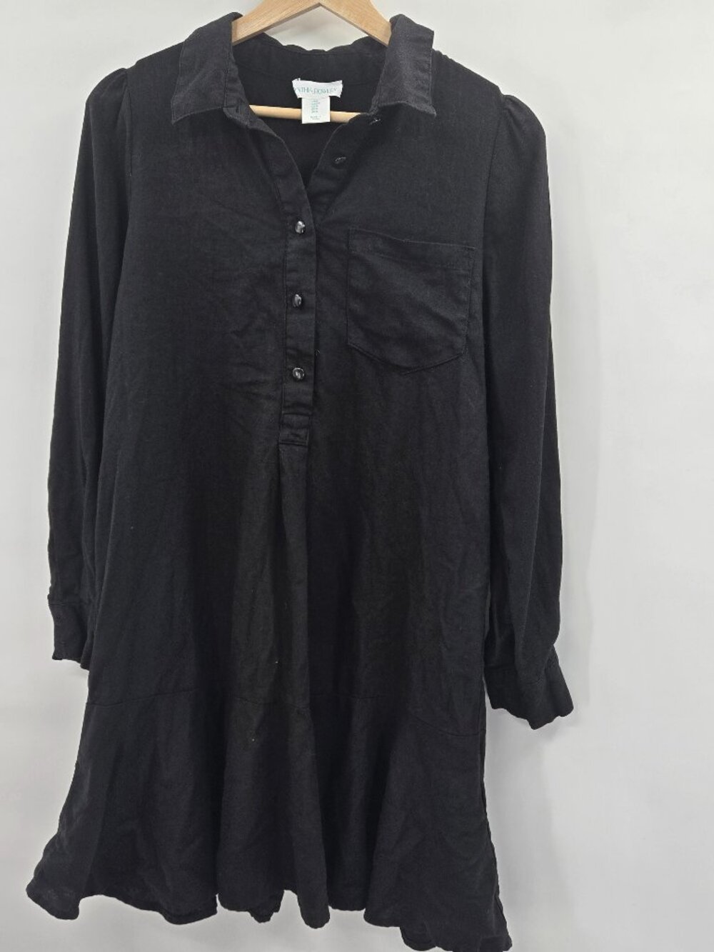 Cynthia Rowley Black Linen Blend Drop Waist Button Long Sleeved Mini Dress Small